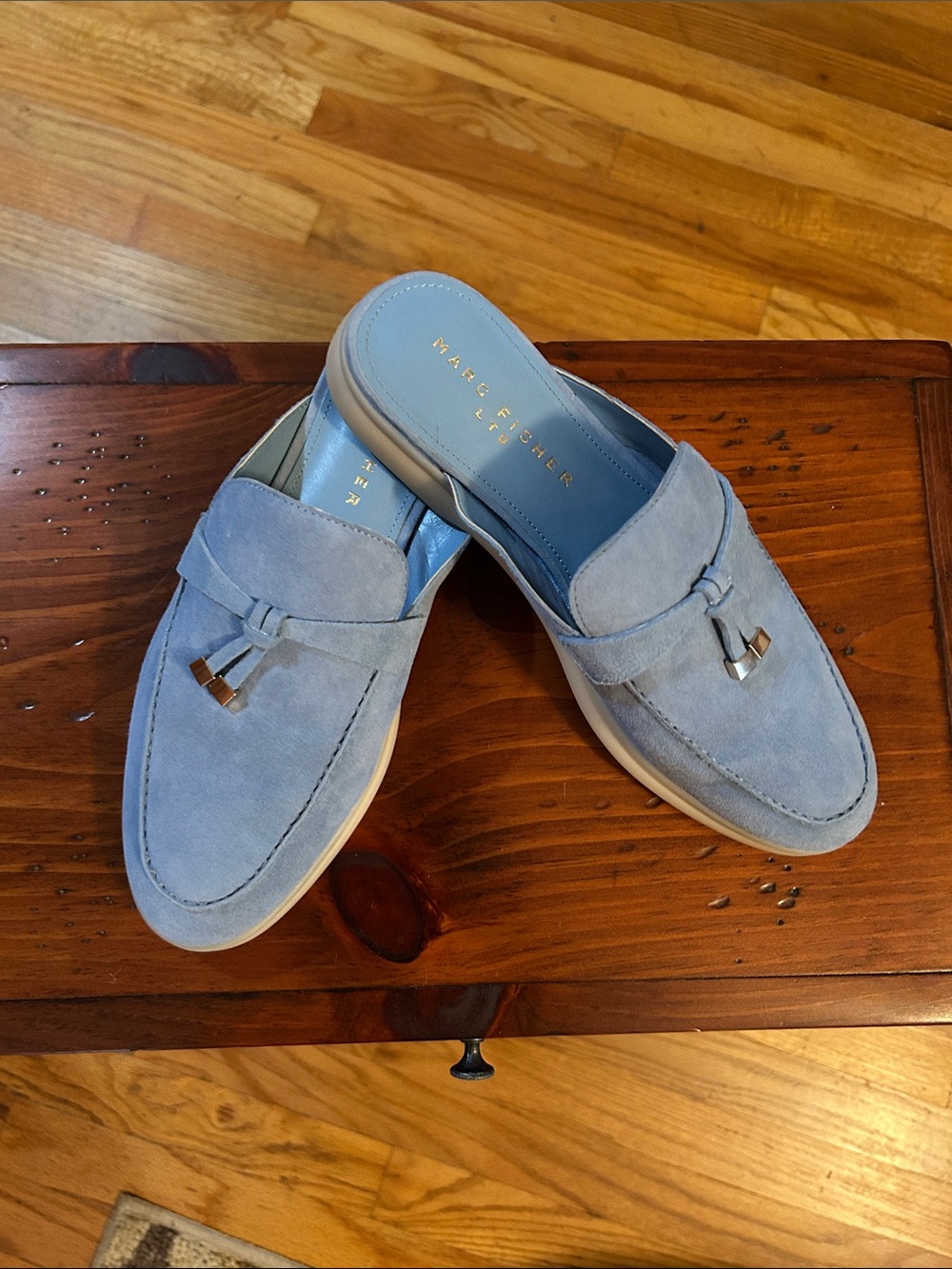 Marc Fisher Powder Blue Suede Slip-On Tassel Mules
